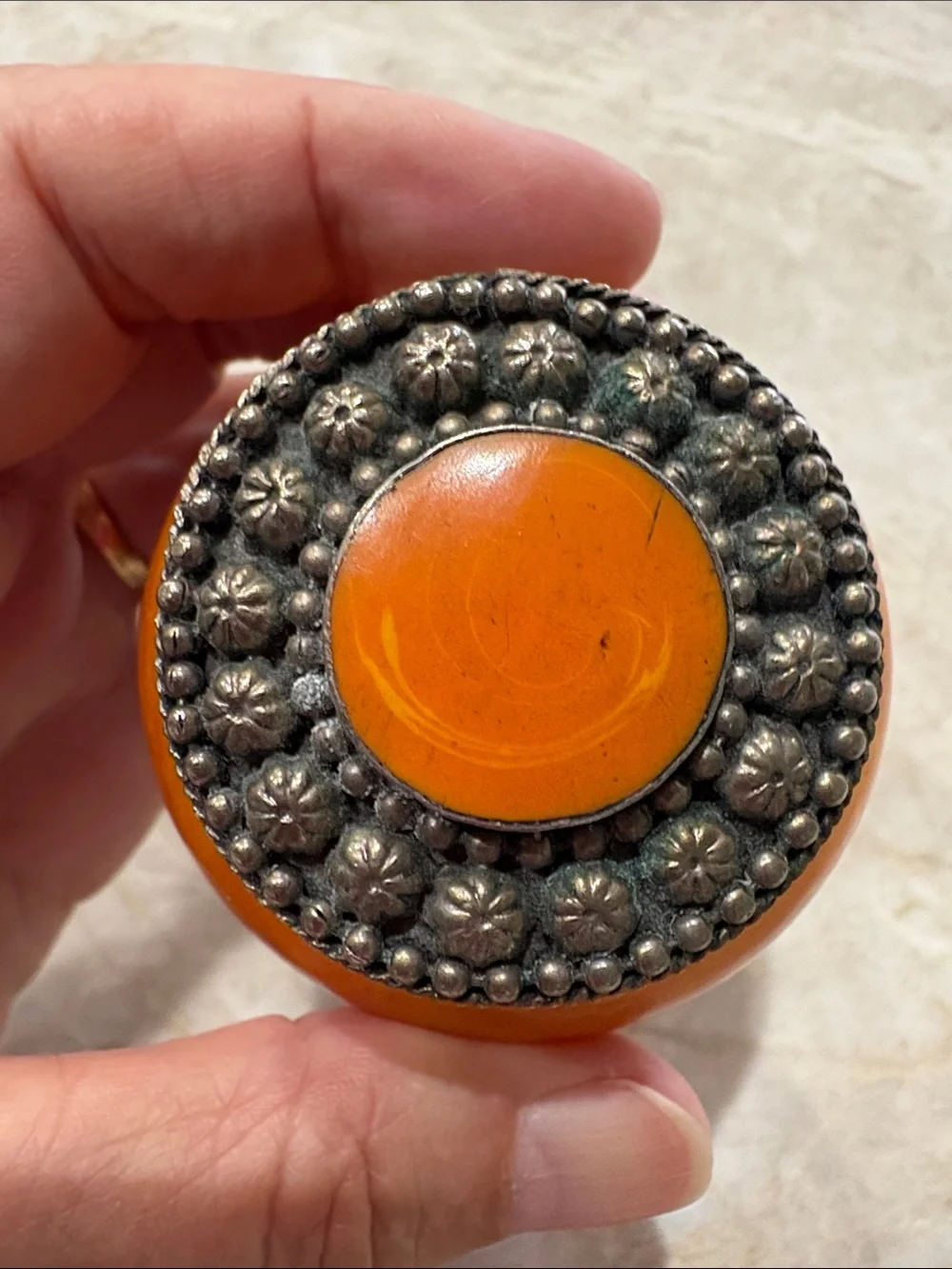 Moroccan Orange Decorative Trinket Box Accent Jar with Ornate Silver-Tone Trim